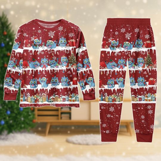 Discover Blue Tiger Christmas Matching Family Pajamas Set, Demon Hunter Long Sleeve Pajamas, Derpy Tiger Sweatshirt And Pants, Gift for Kpop Fan