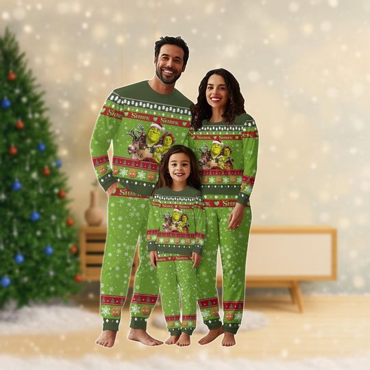 Discover Shrek Christmas Family Pajamas Set, Funny Fiona And Shrek Xmas Pajamas, Disney Shrek Holiday Pajamas, Shrek Face Meme Holiday Pajamas
