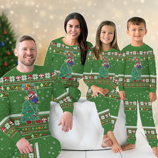 Super Mario Christmas Matching Family Pajamas Set, Video Game Holiday Pajamas, Funny Mario Luigi Yoshi Toad Xmas Pajamas, Gamer Gift