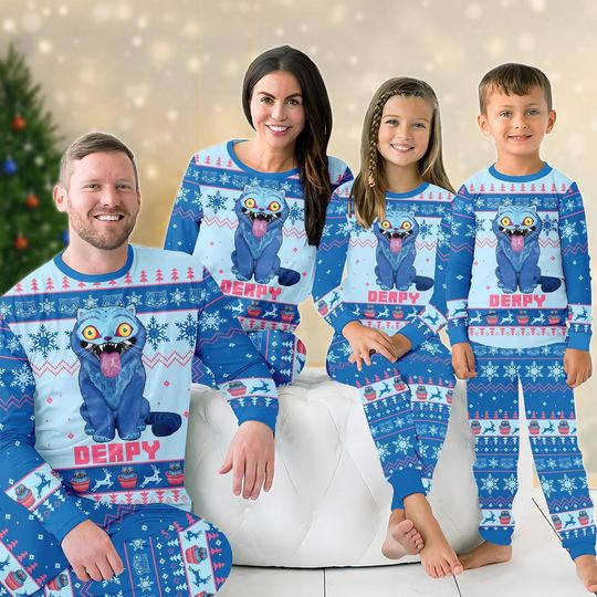 Derpy Tiger Matching Family Christmas Pajamas Set, Blue Tiger Matching PJs, Holiday Sleepwear For Kids Her Him, Funny Xmas Holiday Gift