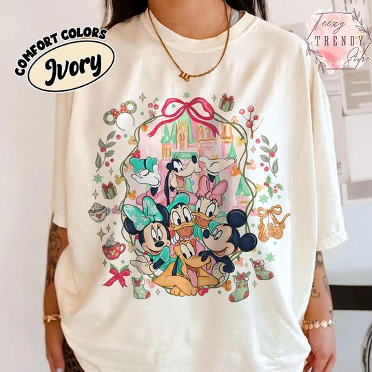 Discover Watercolor Disney Christmas Shirt, Mickey and Friends Pastel Castle Tee, Cute Holiday Family Matching Shirt, Disney Trip 2025 SweatShirt