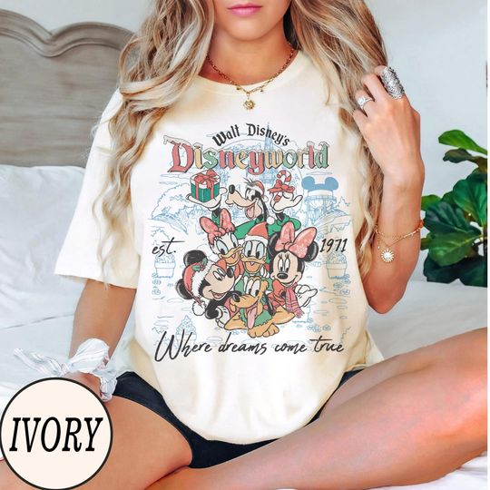 Discover Vintage Walt Disney Disneyworld Est 1971 Christmas Shirt, Mickey and Friends Holiday Tee, Disney Christmas Family Vacation Trip 2025 Shirts