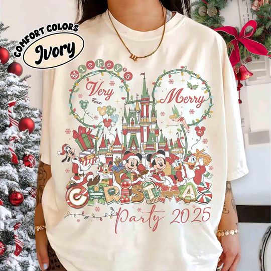 Discover Comfort Colors Mickey's Very Merry Christmas Party 2025 Shirt, Mickey & Friends Holiday Tee, Disney Family Xmas, Group Holiday Trip Gifts