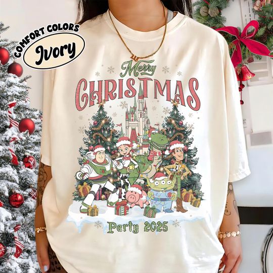 Discover Retro Merry Christmas Party 2025 Toy Story Shirt, Disney Pixar Ivory Holiday Tee, Disneyland Christmas Sweatshirt, Christmas Family Trip Tee