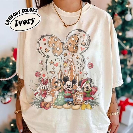 Discover Vintage Mickey & friends Christmas Shirt, Disney Gingerbread Castle Tee,Mickeys Very Merry Christmas Party shirt Disneyland Xmas Family tee