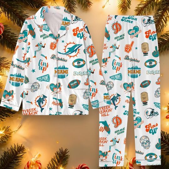 Discover Miami Dolphins Fins Up Game Day Sleepwear Set  Satin Pajamas for Adults and Kids  a Thoughtful Gift for Loved Ones PJJ249