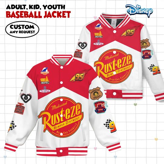 Discover Disney Cars Lightning McQueen Kids and Youth Baseball Varsity Jacket, Adult Varsity Baseball Jacket, Disneyland Winter Trip