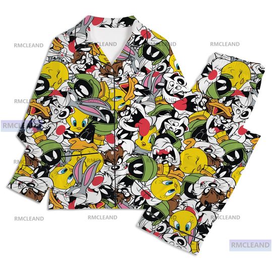 Tweety Bird Unisex Long Sleeve Pajama Set for Adults, Silk Sleepwear, Nightwear