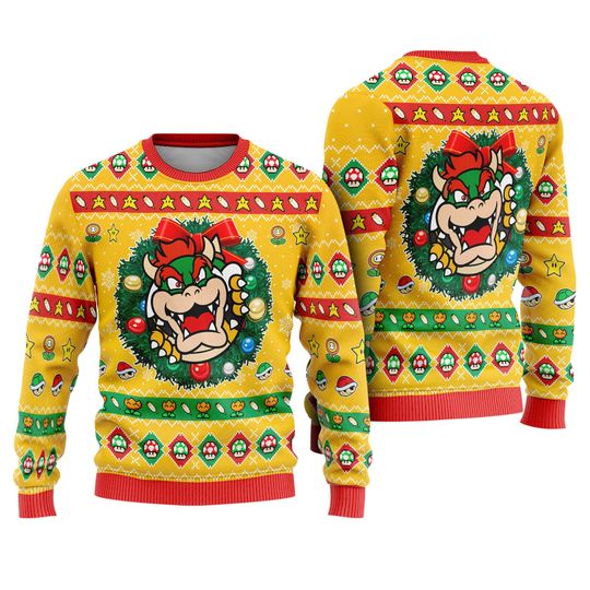 Super Mario Bowser Ugly Christmas Sweater, Mario Luigi Peach Toad Yoshi Xmas Sweatshirt