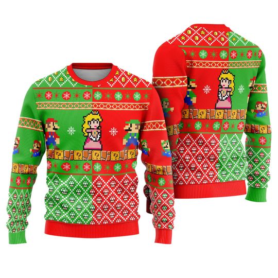 Super Mario Ugly Christmas Sweater, Mario Luigi Peach Bowser Toad Yoshi Xmas Sweatshirt