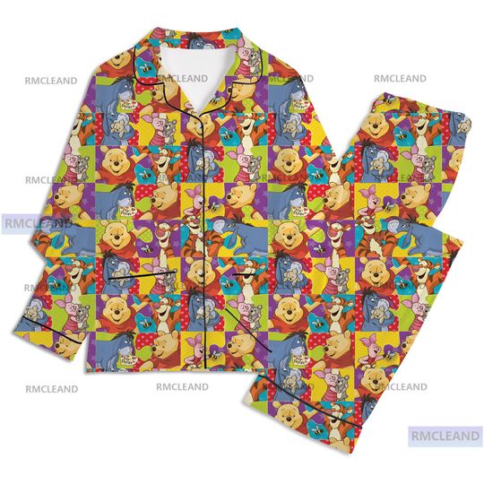 Discover Winnie The Pooh Unisex Long Sleeve Pajama Set for Adults, Silk Sleepwear