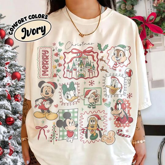 Discover Retro Disney Santa Mickey & Friends Christmas Shirt, Disney Very Merry 2025 Family Matching Tee, Disneyland Vacation Holiday Christmas Shirt