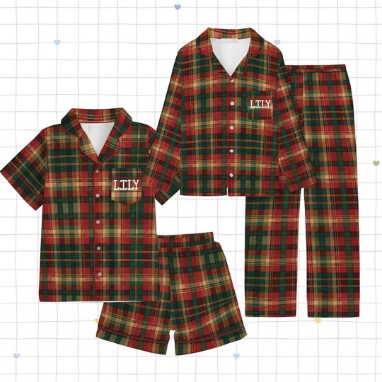 Discover Custom Name Christmas Plaid Satin Pajamas Set, Personalized Pajamas, Christmas Pajamas, Family Matching Pajamas, Holiday Pjs, Couple Pajamas