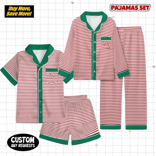 Discover Red White Striped Holiday Satin Pajamas Set, Personalized Pajamas, Christmas Pajamas, Family Matching Pajamas, Holiday Pjs, Couple Pajamas