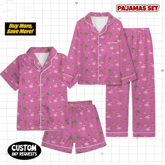 Discover Tropical Flamingo Palm Tree Christmas Satin Pajamas Set, Beach Christmas Satin Pajamas, Christmas Loungewear, Matching Family Xmas Sleepwear
