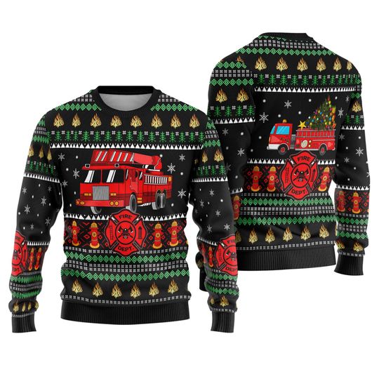 Firefighter Truck Ugly Christmas Sweater, Awesome Firefighter Ugly Christmas