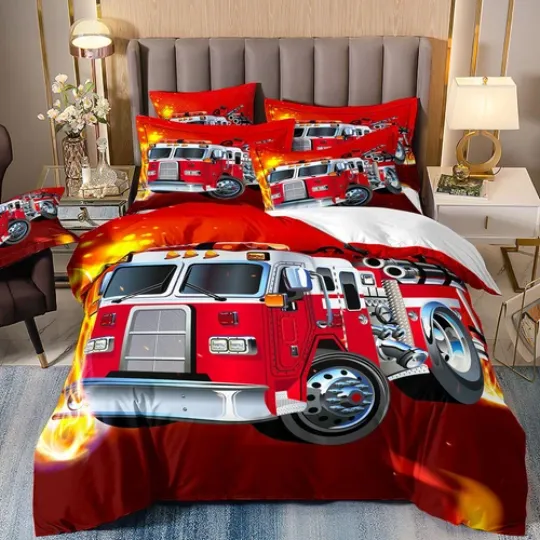 Discover Fire Engine Truck Red Duvet Quilt Cover Pillowcase Double Bedding Set