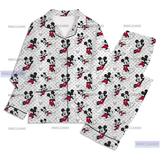 Discover Mickey Unisex Long Sleeve Adult Nightwear Pajama Set, Christmas Adult Pajamas Set, Mickey Silk Sleepwear, Mickey Nightwear, Mickey Pyjamas