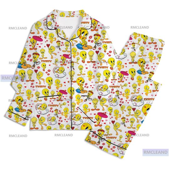 Tweety Bird Unisex Long Sleeve Pajama Set, Silk Sleepwear for Adults