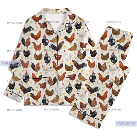 Discover Chicken Unisex Long Sleeve Adult Nightwear Pajama Set, Adult Pajamas Set, Chicken Pyjama Set, Chicken Sleepwear, Chicken Nightwear