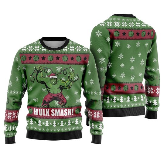 Discover Christmas Hulk Smash Ugly Sweater, The Incredible Hulk Ugly Christmas, Funny Superhero Xmas 2025 Sweater, Santa Hat Hulk, Christmas Lights