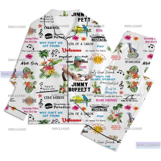 Jimmy Buffett Unisex Long Sleeve Pajama Set, Silk Sleepwear for Adults