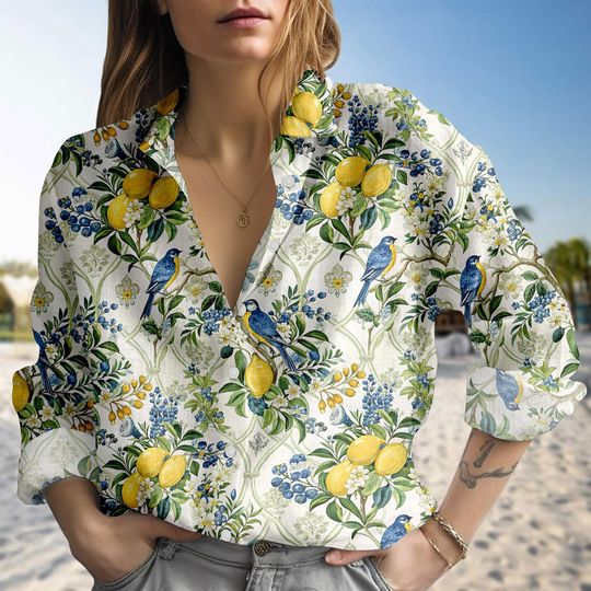 Lemon Floral Blouse Shirt, Bird Cottagecore Women Shirt,  Italian Tile Fruit Shirt Summer Shirt, Gift For Her