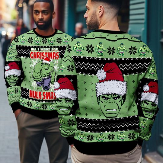 Discover All I Want For Christmas Hulk Smash Ugly Sweater, The Incredible Hulk Ugly Christmas, Funny Superhero Xmas 2025, Santa Hat Hulk Christmas