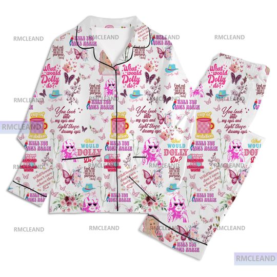 Dolly Parton Unisex Long Sleeve Pajama Set, Silk Sleepwear for Adults