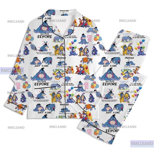Discover Winnie The Pooh Eeyore Unisex Long Sleeve Adult Pajama Set, Sleepwear, Cartoon Silk Sleepwear