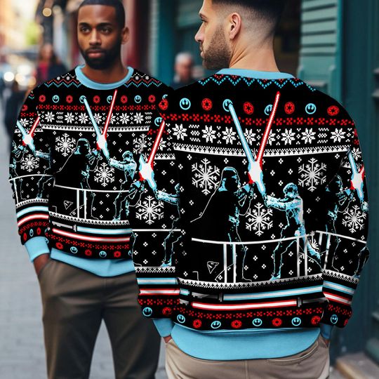 Discover Lightsaber Duel Faux Ugly Christmas Sweater, Mandalorian Christmas Ugly Sweater,Starwars Movie Christmas,Family Christmas 2025 Party Sweater