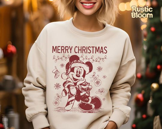 Discover Vintage Sketch Mickey Mouse Christmas Sweatshirt, Retro Disney 2025 Xmas Tee, Disney Holiday Top, 2025 Family Matching Xmas Gift