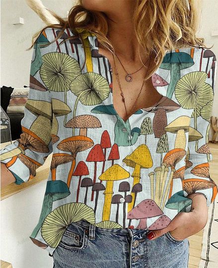 Mushroom Linen-Look Shirt, Cottagecore Women Blouse Shirt, Plant Lover Casual Shirt, Gift, Botanical Gift, Garden Lover Shirt, Gift For Her