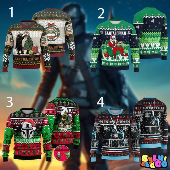 Discover The Santalorian Mandalorian Ugly Christmas Sweater, Mandalorian Baby Yoda Ugly Sweater,Starwars Movie,Family Christmas 2025 Party Sweater