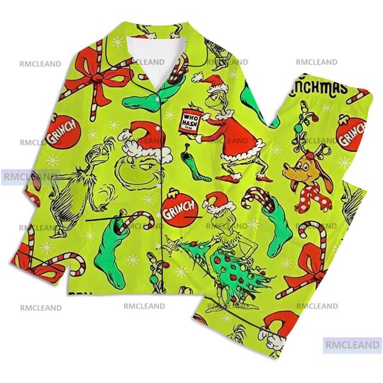 Discover Funny Character Unisex Long Sleeve Pajama Set for Adults, Silk Sleepwear, Christmas Nightwear