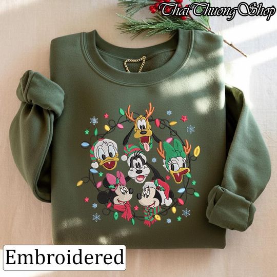 Discover Disney Christmas Embroidered Sweatshirt, Mickey and Friends Holiday Lights Shirt, Festive Disney Family Xmas Pullover, Christmas 2025 Shirt