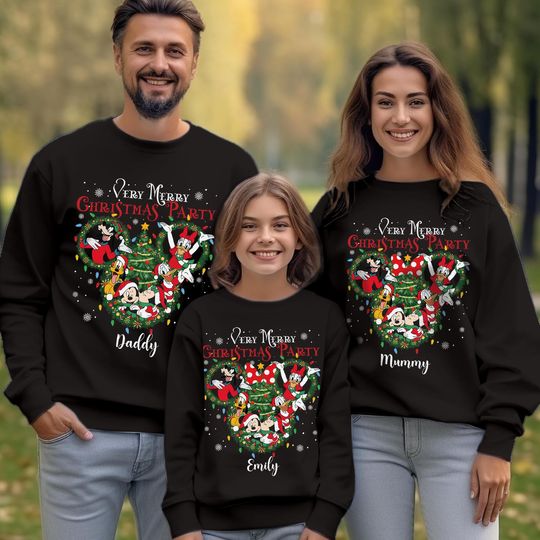 Discover Personalised Very Merry Party Sweatshirt, Custom Family Mouse Friends Jumper, Matching Holiday Castle Pullover, Disney Xmas Sweater