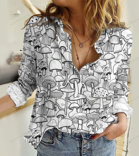 Mushroom Linen-Look Shirt, Botanical Women Blouses, Cottagecore Long Sleeve Shirt, Plant Lover Gift, Gift For Her, Blouses Tops Women