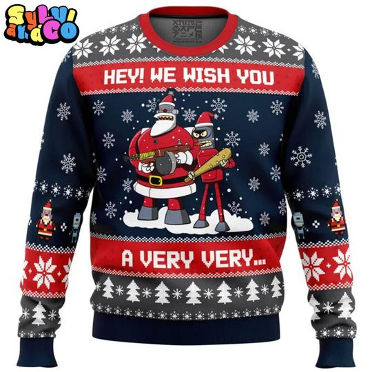 Hey We Wish You A Very Very, Futurama Ugly Christmas Sweater, Bender Funny Lousy Year Meme