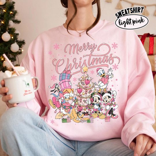 Discover Vintage Disney Mickey and Friends Christmas Sweatshirt , Pink Xmas Tree Family Tee, Magic Kingdom Christmas Shirt, Christmas Family Vacation