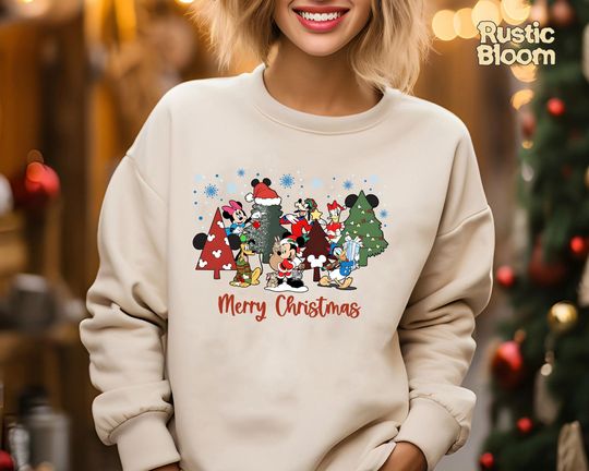 Discover Mickey & Friends Merry Christmas Sweatshirt, Retro Disney 2025 Xmas Tee, Vintage Disney Holiday Top, 2025 Family Matching Xmas Gift