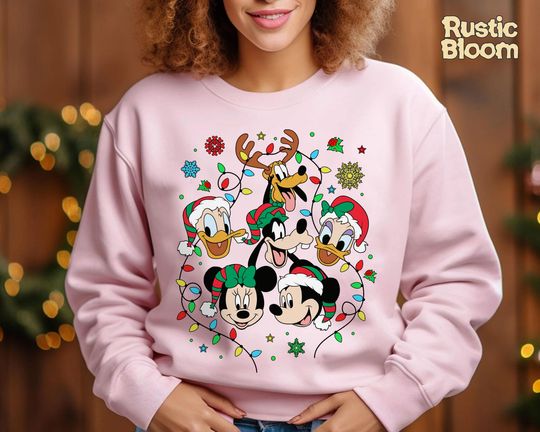Discover Mickey & Friends Christmas Lights Sweatshirt, Retro Disney 2025 Xmas Tee, Vintage Disney Holiday Top, 2025 Family Matching Xmas Gift