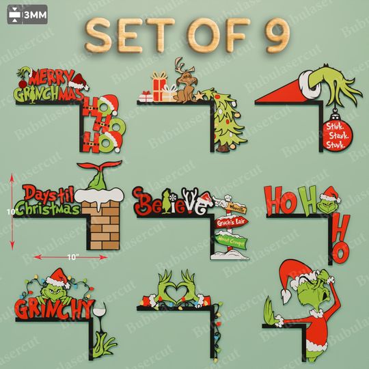 Discover Christmas Door Corner Sign Bundle Of 9 Funny Holiday Designs With Silly Green Characters, Countdown, Lights And Whimsical Quotes /B240