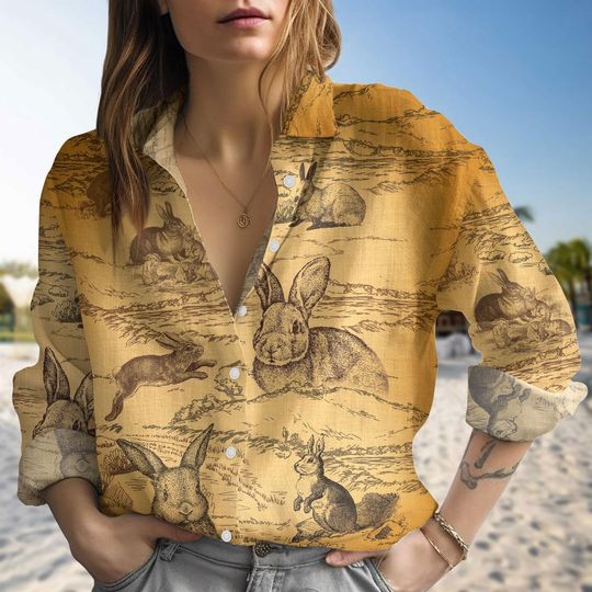 Discover Rabbit Linen-Look Shirt, Bunny Blouse Women Shirt, Animal Long Sleeve Shirt, Rabbit Lover Gift, Gift For Her, Women Blouses
