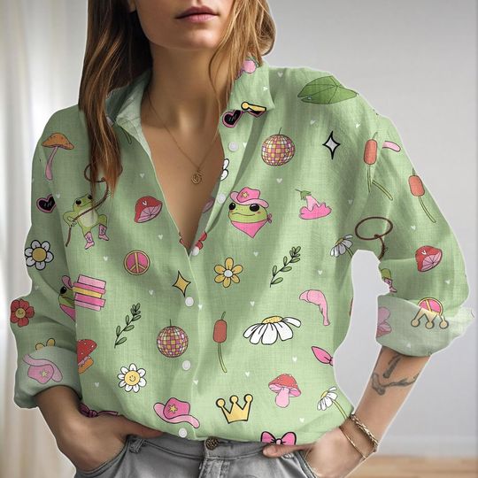 Discover Frog Linen-Look Shirt, Flower Frog and Toad Women Blouses, Funny Flog Long Sleeve Shirt, Cottage Casual Shirt, Shirt Women