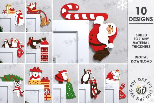 Discover 3D Christmas door corners bundle, Xmas trim corner laser cut, door corner sign, Santa Claus svg, Christmas characters, polar bear, penguin