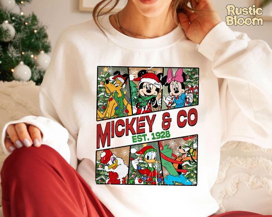 Discover Mickey & Co Est 1928 Christmas Sweatshirt, Retro Disney 2025 Xmas Tee, Vintage Disney Holiday Top, 2025 Family Matching Xmas Gift