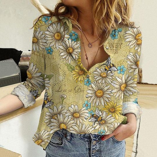 Discover Sunflower Linen-Look Shirt, Flower Shirt, Bee Flower Shirt, Nature Blouse Women Shirt, Bee Keeper Shirt, Biology Shirt