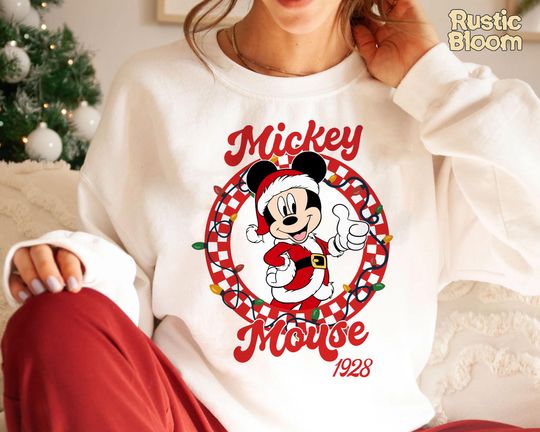 Discover Retro Checkered Mickey Mouse Christmas Sweatshirt, Retro Disney 2025 Xmas Tee, Vintage Disney Holiday Top, 2025 Family Matching Xmas Gift