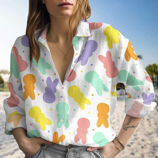 Discover Rabbit Easter Linen-Look Shirt, Easter Blouse Women Shirt, Bunny Easter Women Blouses, Happy Easter Shirt, Long Sleeve Shirt